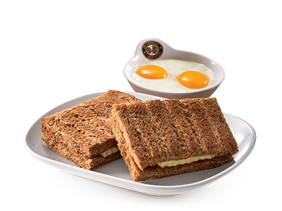 Kaya & Butter Toast ( Single ) + <br class="break2">Soft Boiled Omega Eggs<br /><span lang="zh">加央牛油烤面包 ( 单 ) +奥美加生熟蛋</span>